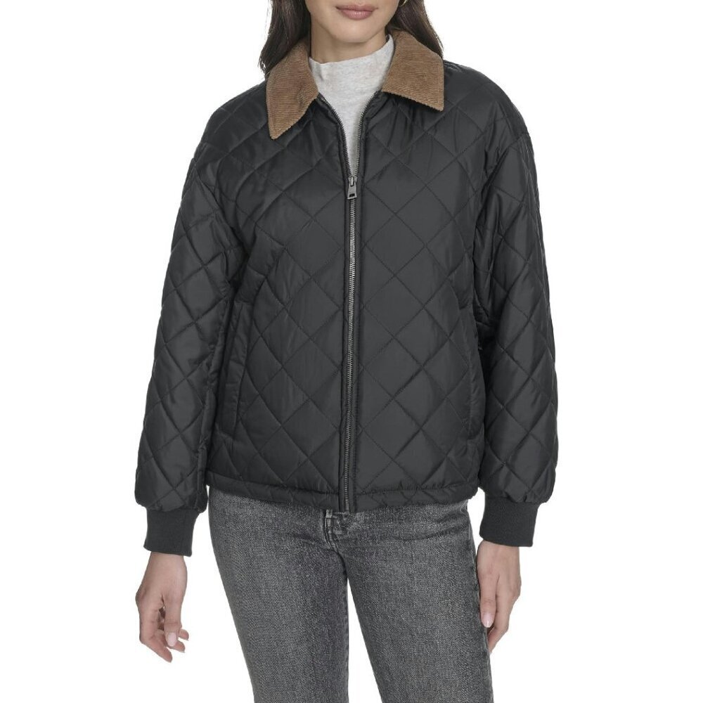 Quilted Diamond Jacket Corduroy Collar Rib Cuffs Zip Front